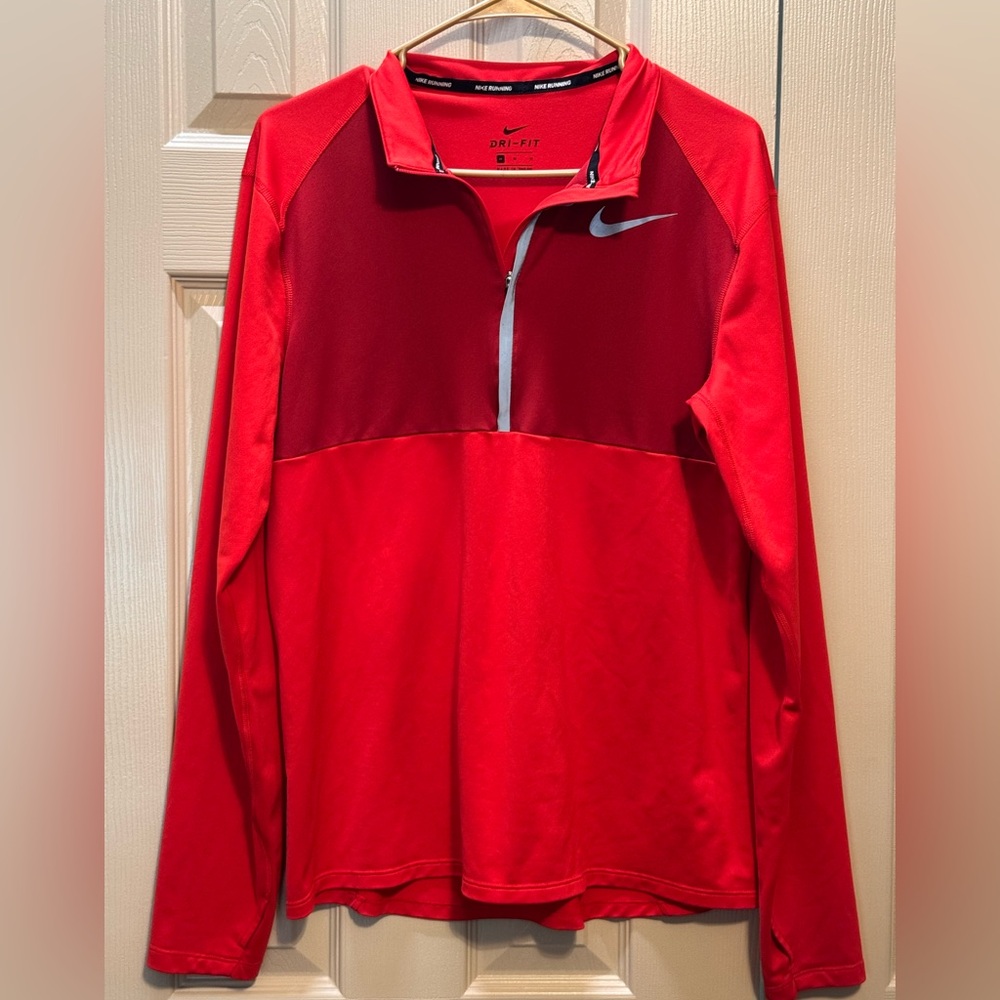 Nike‎ Running Shirt Top Men Med Red Dri Fit 1/4 Zip Long Sleeve Reflective
